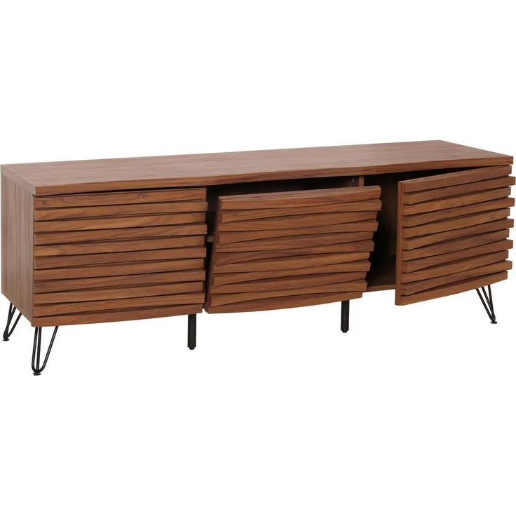 MCW TV-Rack M49, Walnuss, mit gewölbter Türoberfläche, 4 Ablagefächern und Kabelloch, 142x52x44 cm