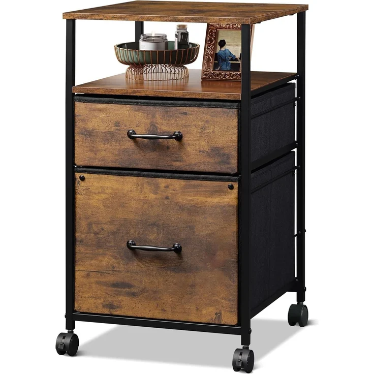 DEVAISE mobiler Bürocontainer, zwei textilbezogene Schubladen sowie offenes Fach, bremsbare Rollen, geeignet für A4-Dokumente, vintagebraun--Braun--68x40x39cm--YOUDENOVA – Bild 1