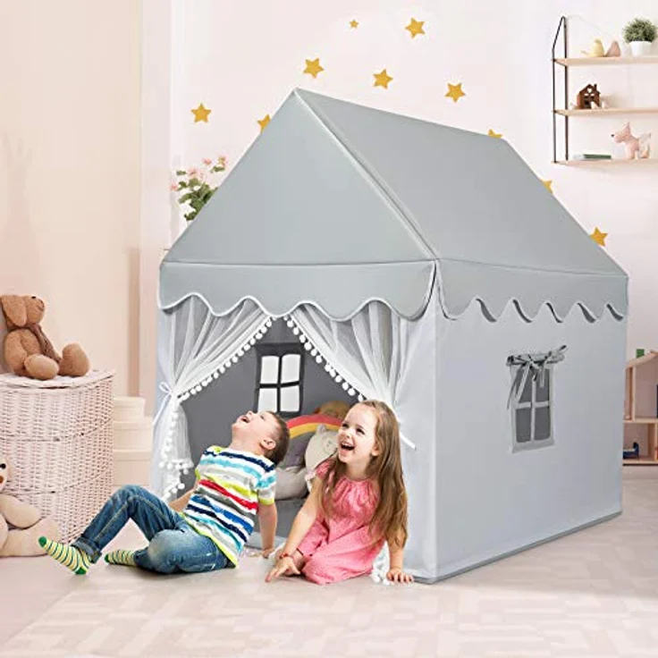 COSTWAY Prinzess Prinzessin Kinderzelt, Stoffzelt / Massivholzrahmen / Baumwolldecke grau, 120 x 105 x 140 cm – Bild 8