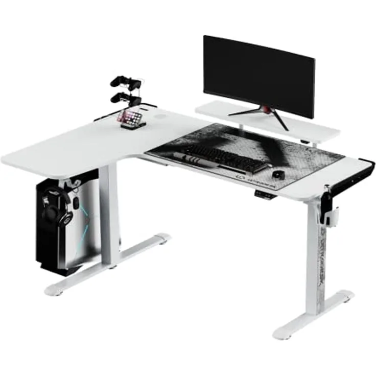 ULTRADESK Winger RGB LED | Gaming Schreibtisch Gamer Tisch L Form | L-förmiger Ecktisch Eckschreibtisch | Höhenverstellbarer Computertisch elektrisch | Weiß | 155 x 111 x 60 cm Links
