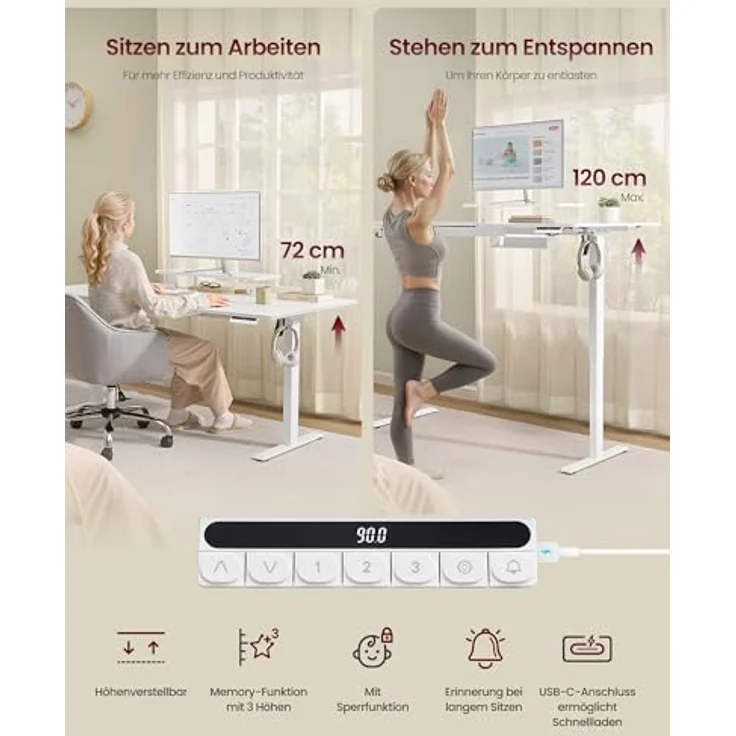VASAGLE Höhenverstellbarer Schreibtisch, 160x80 cm, flexibel montierbarer Monitorständer, Schublade, USB-C-Anschluss, Erinnerung bei langem Sitzen, für Büro, wolkenweiß LSD156WB01 – Bild 6