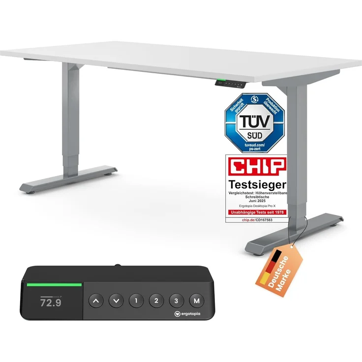 Desktopia Pro X - Elektrisch höhenverstellbarer Schreibtisch / Ergonomischer Tisch mit Memory-Funktion, Weiß, Gestell Grau, 120x80 cm – Bild 1