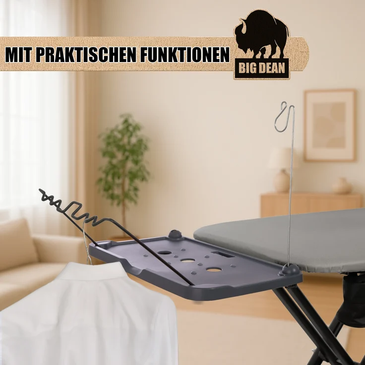 BigDean Bügelbrett XXL (120x45 cm Bügelfläche) inkl. ausklappbarer Schulterpassform - Stabiler Bügeltisch für Dampfbügelstationen und Bügeleisen - Ironing Board - höhenverstellbar – Bild 5