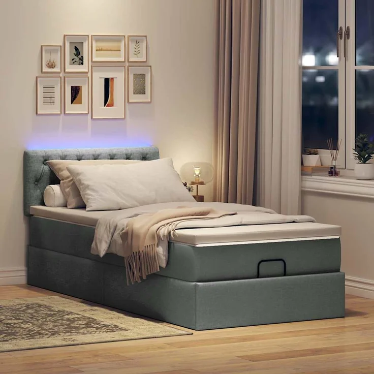 vidaXL Ottoman-Bett mit Matratze & LEDs Dunkelgrau 100x200 cm Stoff 3312368 – Bild 2