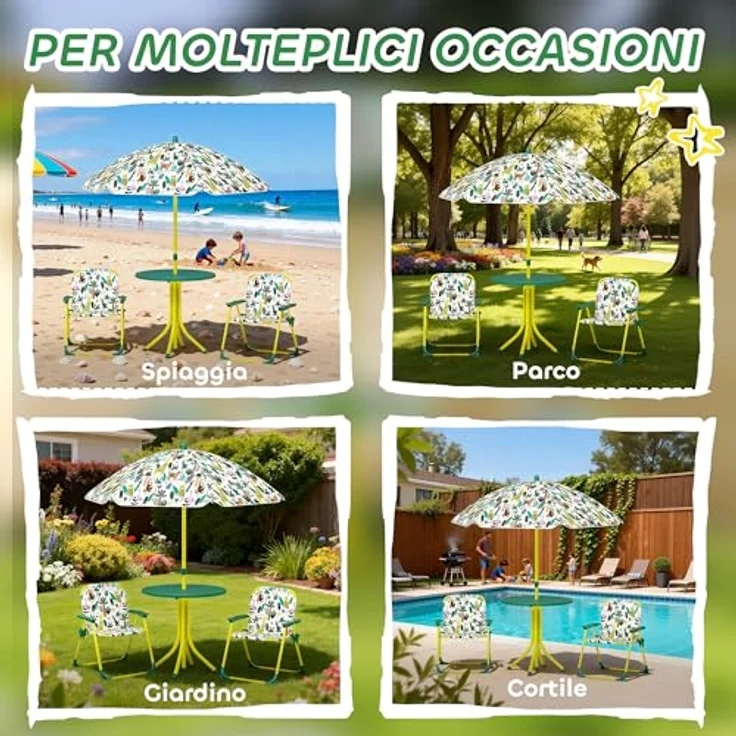 AIYAPLAY Garten-Kindersitzgruppe mit abnehmbarem Sonnenschirm, (Kindertisch mit 2 Klappstühlen, 4-tlg, Kindersitzgarnitur), für Kinder 2-5 Jahre, für Garten, Hinterhof, Terrasse, Grün – Bild 7