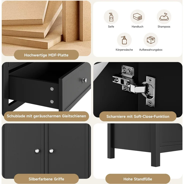 Waschtisch 120x50x86,5 cm – Standwaschtisch mit 4 Schubladen & Harzbecken, Schwarz – Bild 6