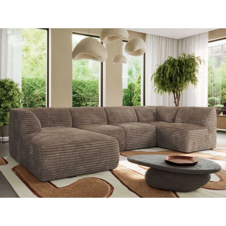 Modulares XXL-Ecksofa MODARO 5M, U-Form, Wohnlandschaft, 5-teilig, freistehend, Wohnzimmer Couch, HR-Schaumstoff - Braun Cord - Links