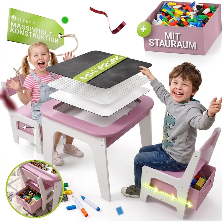 Juskys 'Milou' Kindersitzgruppe mit 2 Stühlen, 1 Tisch & Stauraum, Holz rosa – Bild 1