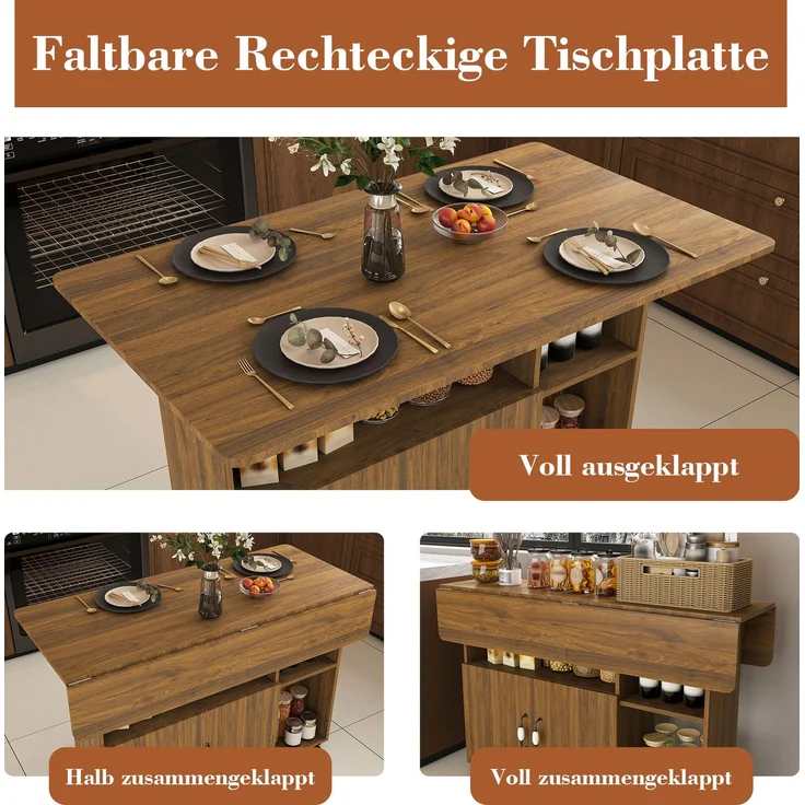 Flieks Mobile Kücheninsel 110x70x80 cm, klappbarer Küchentisch mit Rollen, Ablageböden & Stauraum, Esstisch und Sideboard, Braun – Bild 5