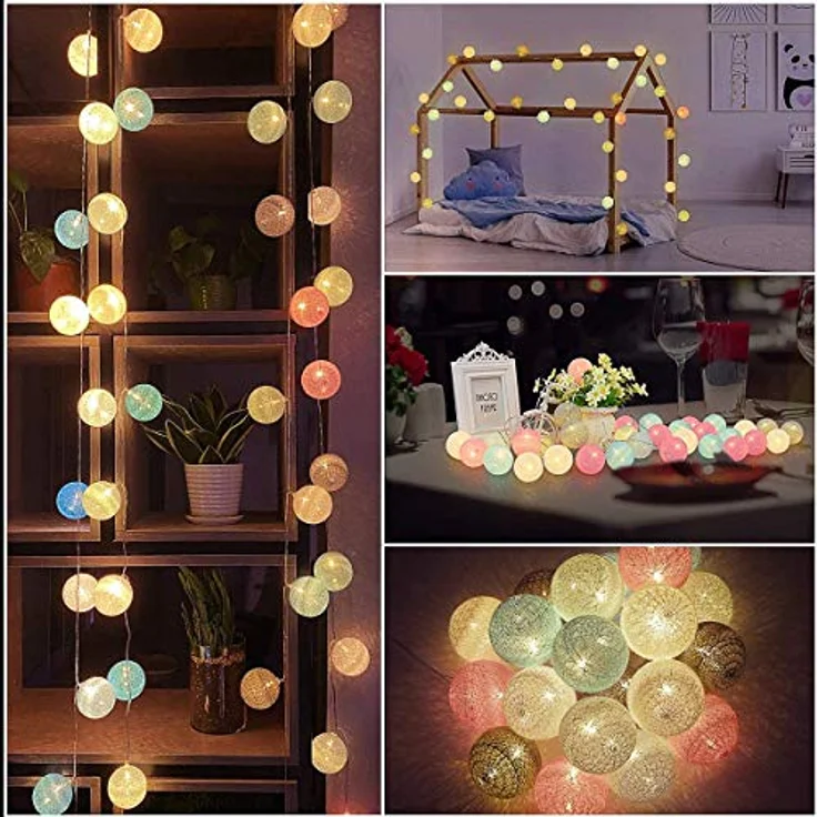 LED Lichterkette Baumwollkugeln Batteriebetrieben, 3,3m 20er Cotton Ball Lichterketten Kugeln Nachtlicht für Weihnachten, Hochzeit, Party, Zimmer, Wohnheim, Innen Deko – Bild 6