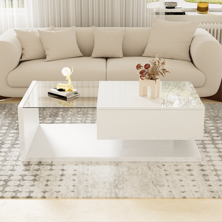 Couchtisch mit LED-Beleuchtung, Wohnzimmertisch 105×55 cm mit Glasplatte und Ablagefach, Weiß Hochglanz – Bild 6