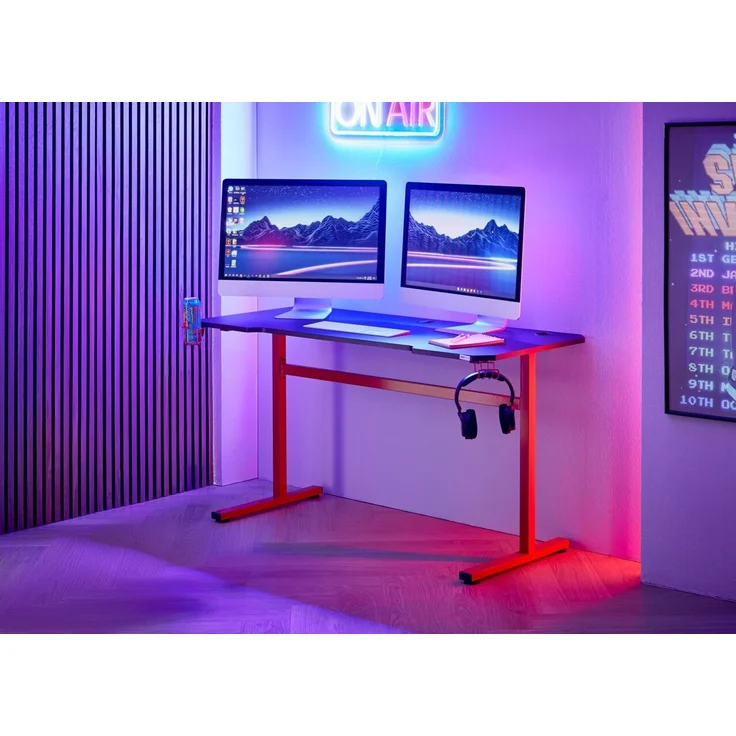 Carryhome 'PLAYER' Computertisch, MDF Carbon Dekor anthrazit rot schwarz, 140 x 75 x 60 cm, mit Headset- und Becherhalter – Bild 7