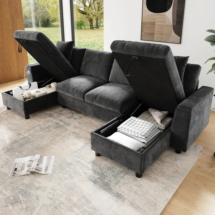 Chenille-U-Sofa mit 2 Stauraum-Chaiselongues, USB und USB-C, gepolsterte modulare Wohnlandschaft 279 cm mit Taschenfederkern, Grau – Bild 9