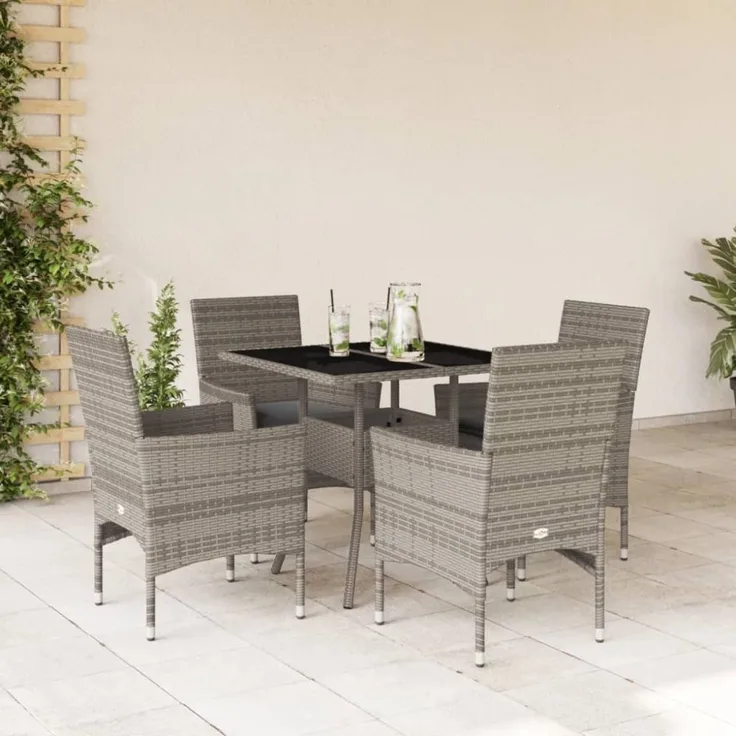 vidaXL 5-tlg. Garten-Essgruppe mit Kissen Grau Poly Rattan und Glas 3278606