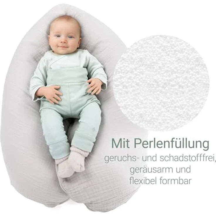 Theraline Dodo Premium Stillkissen, flexibles Lagerungs- und Stillkissen mit feiner Perlen-Füllung, 180 cm, Musselin Bezug in Nebelgrau – Bild 3