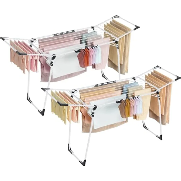 SONGMICS Wäscheständer, Standtrockner 56,5 x 173 x 96,5 cm, Flügelwäscheständer, Flügelwäschetrockner platzsparend, mit Sockenhalter, Metall, für Kleidung, Handtücher, Wäsche, weiß LLR518W01