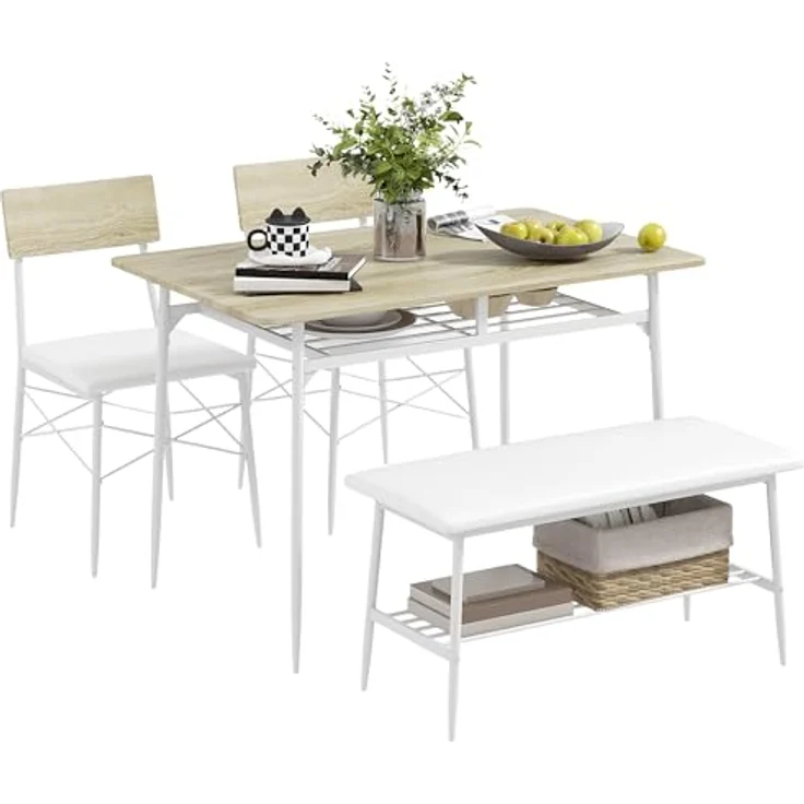 HOMCOM Esstisch-Set, rechteckig aus Eiche und Metall, 110x75x70 cm, inkl. 2 Stühlen und Bank, abgerundete Ecken, praktische Ablagefächer, Kunstlederbezug, für Esszimmer und kleine Küchen – Bild 1