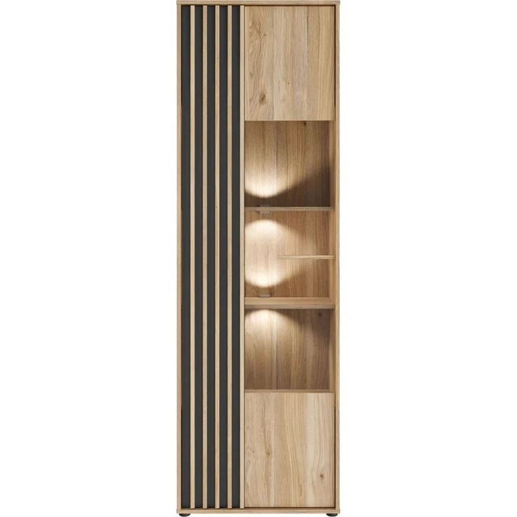 Vitrine >ARANK< in Mauvella Eiche / Schwarz - 63,4x200,1x41,7cm (BxHxT) – Bild 7