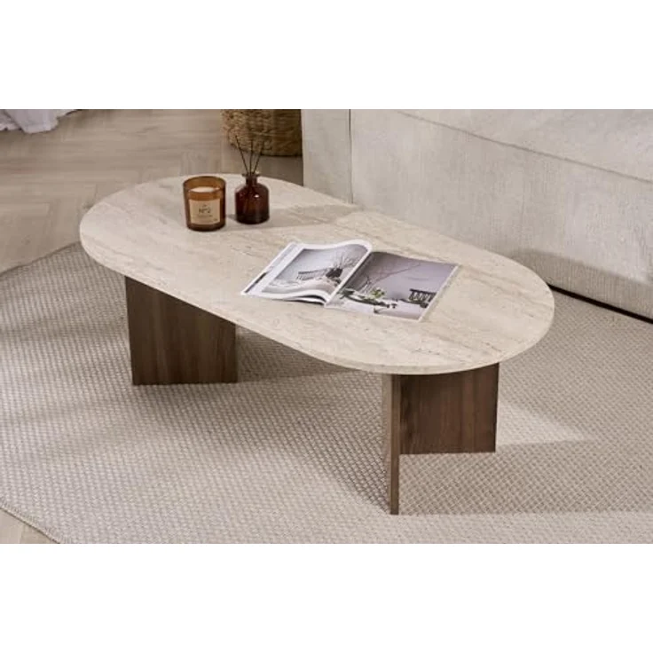 Modern Coffee Table, 119 x 40 x 60 cm, Travertine & Walnut Colors | 100% Melamine Coated Particle Board, 18 mm Thickness | Stylish & Functional Design for Contemporary Living Spaces – Bild 6