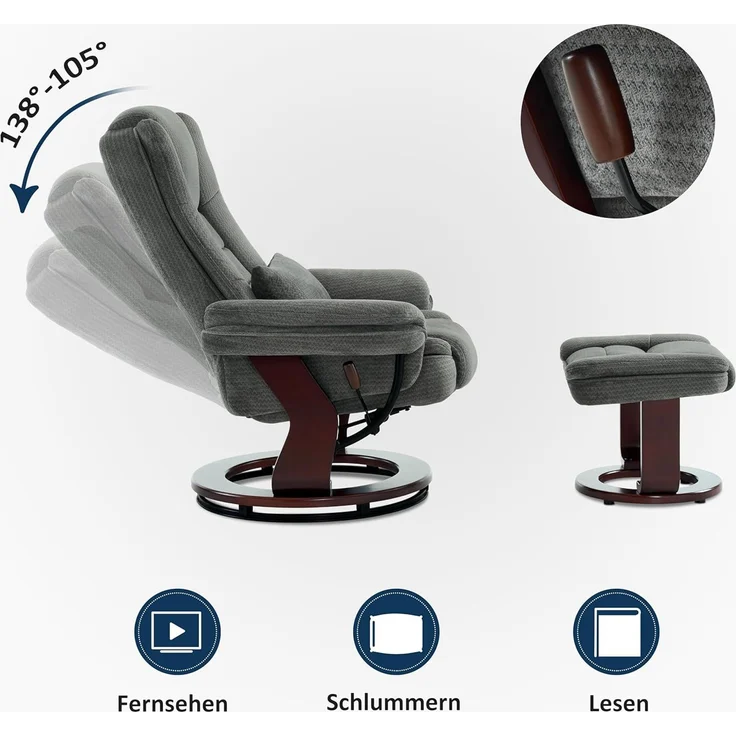 Relaxsessel mit Liegefunktion, 360°Drehbarer Fernsehsessel mit Hocker, bis 120 Kg Belastbarer TV-Sessel für Wohnzimmer, mit Kissen & Seitentasche, Lesesessel Bequem, 9099 (Grau-Stoff) – Bild 4