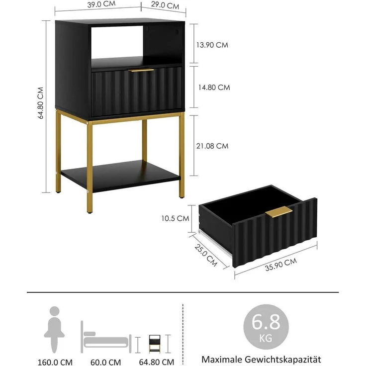 HEYZOEY Nachttisch 3-Tier Schwarz Goldrahmen Endtisch Fernsehtisch – Bild 2