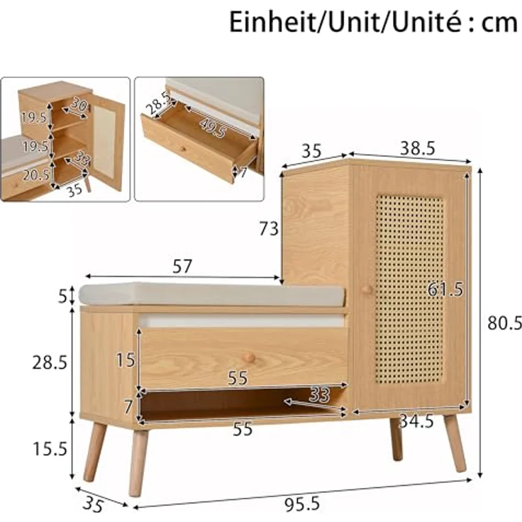 Rattan Garderobenbank mit Schuhschrank & Sitzpolster, Naturfarbe – Bild 3