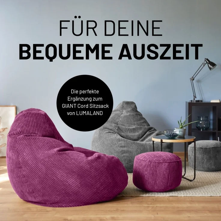Lumaland Pouf Sitzsack-Hocker Pouf rund Cord 50l weinrot, supersofte Füllung EPS-Perlen – Bild 7