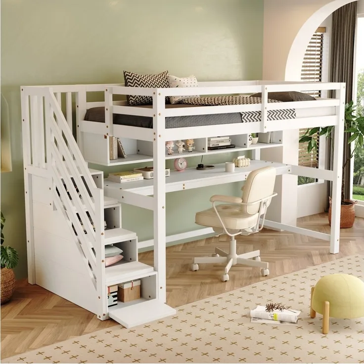HAUSS SPOLE Hochbett 90x200cm mit Stauraumtreppe, großen Schreibtisch und Regalen,weiß