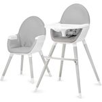 Kinderkraft Hochstuhl FINI 2 in 1, Kinderhochstuhl, Babystuhl, Kombihochstuhl, Beine aus Holz, Sicherheitsgurte, Fußstütze, Doppeltablett, ab 6 Monate bis 5 Jahre, 5 Punkt Gurte, Grau