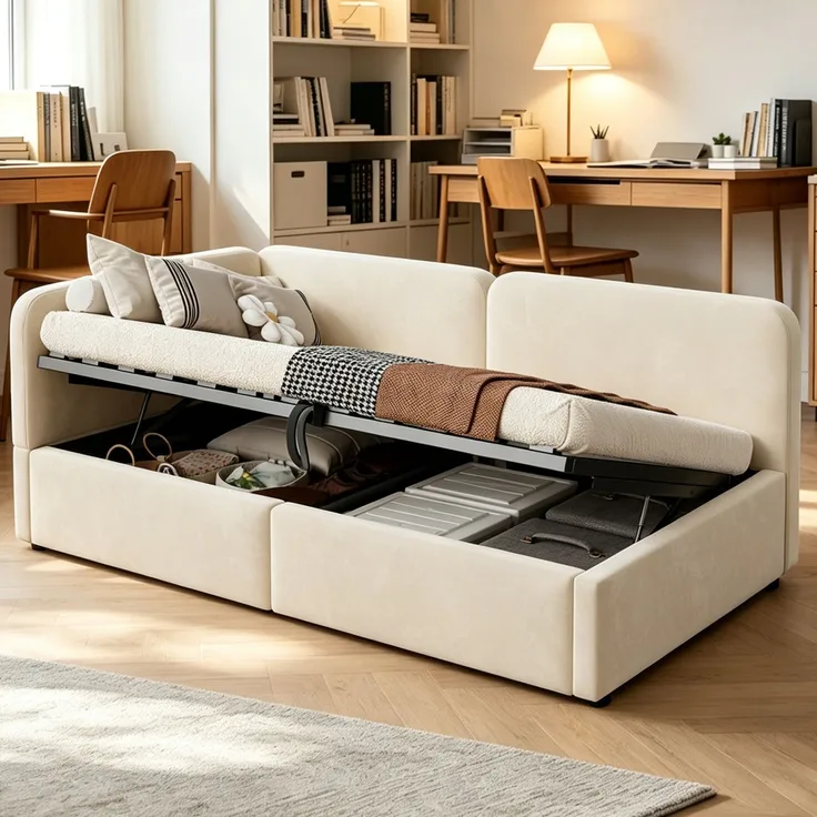 LVHOM Polsterbett 90x200 mit Stauraum, Samt Tagesbett mit Hydraulik, 2-in-1 Schlafsofa Bettgestell mit Lattenrost, Einzelbett, Beige