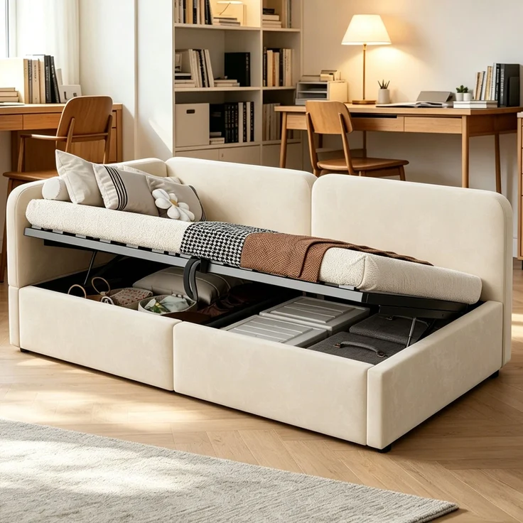 LVHOM Polsterbett 90x200 mit Stauraum, Samt Tagesbett mit Hydraulik, 2-in-1 Schlafsofa Bettgestell mit Lattenrost, Einzelbett, Beige – Bild 1