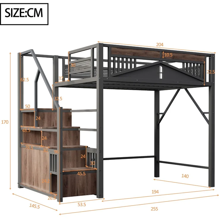 EINHOM Metall-Hochbett 140 x 200 cm, Einzigartiges Sicherheitsgehäuse mit Fenster, Sicherheitsleiter mit Spind, Schwarz (Ohne Matratze) – Bild 2
