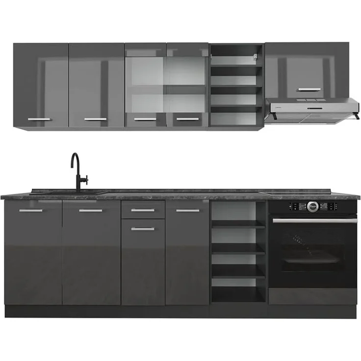 Küchenzeile R-Line Anthrazit Hochglanz/Anthrazit 240 cm , AP Anthrazit Vicco – Bild 1