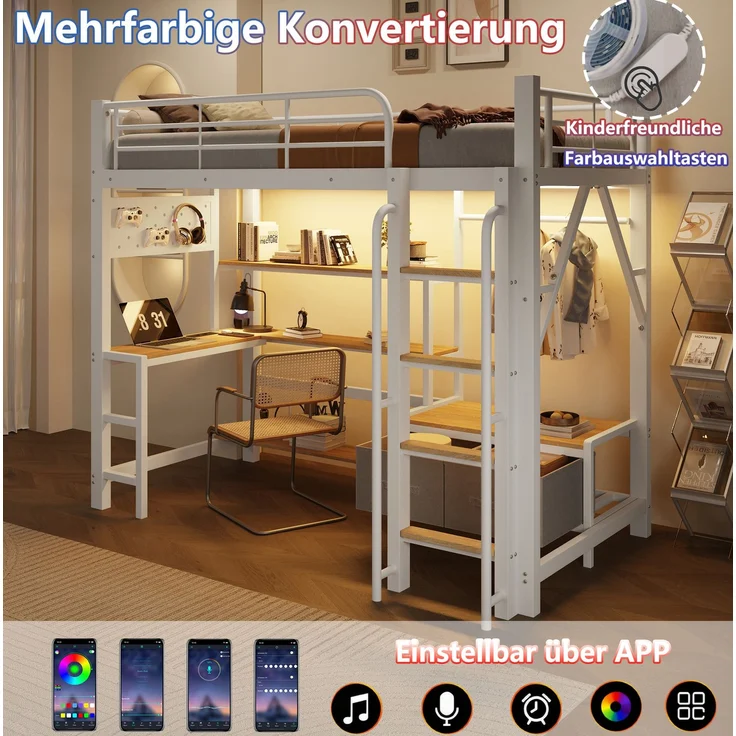 Hochbett 90x200 cm in Weiß mit Schreibtisch, LED-Lichtleiste und Stauraum – Ohne Matratze – Bild 7