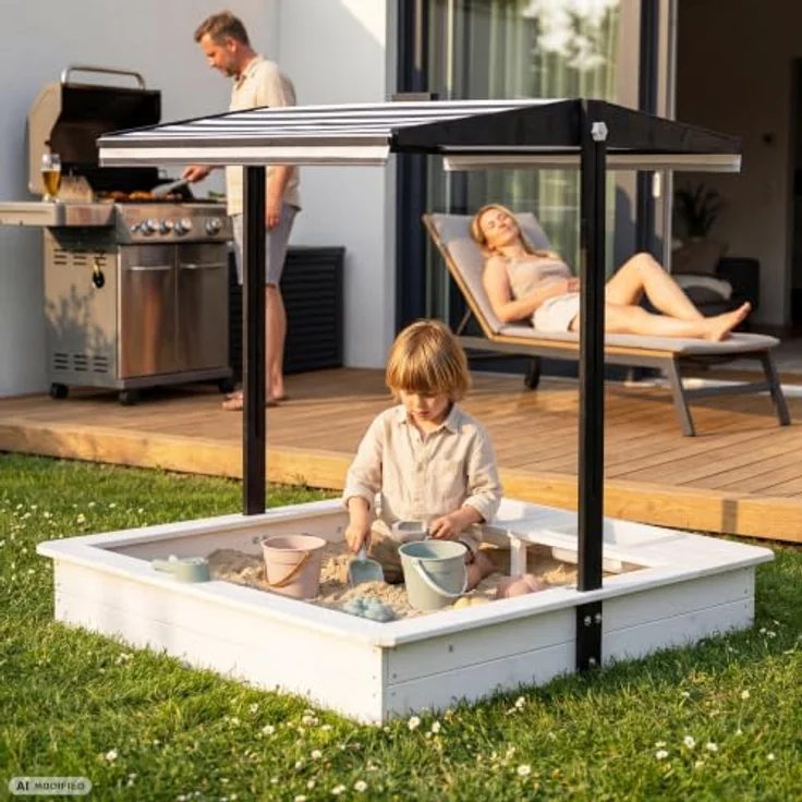 WONDERMAKE Sandkasten mit Abdeckung und Dach, 2x Matschküche, quadratisch aus lasiertem Fichte-Holz, schwarz-weiß, 113x113 cm, verschließbar – Bild 2