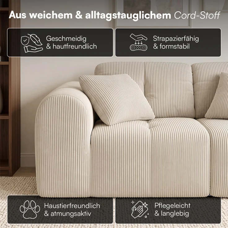 skølm 'Vanaheim' Sofa 3 Sitzer mit Hocker & 2 Kissen, Cloud Sofa Cord beige, Vollschaumcouch mit Federkern und Vakuum-Kompression, kein Aufbau erforderlich – Bild 6