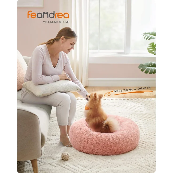 Feandrea Hundebett flauschig, Katzenbett, Donut Kissen, waschbar, Polsterung in der Mitte herausnehmbar, Langer Plüsch, 60 cm Durchmesser, rosa PGW038P01 – Bild 2