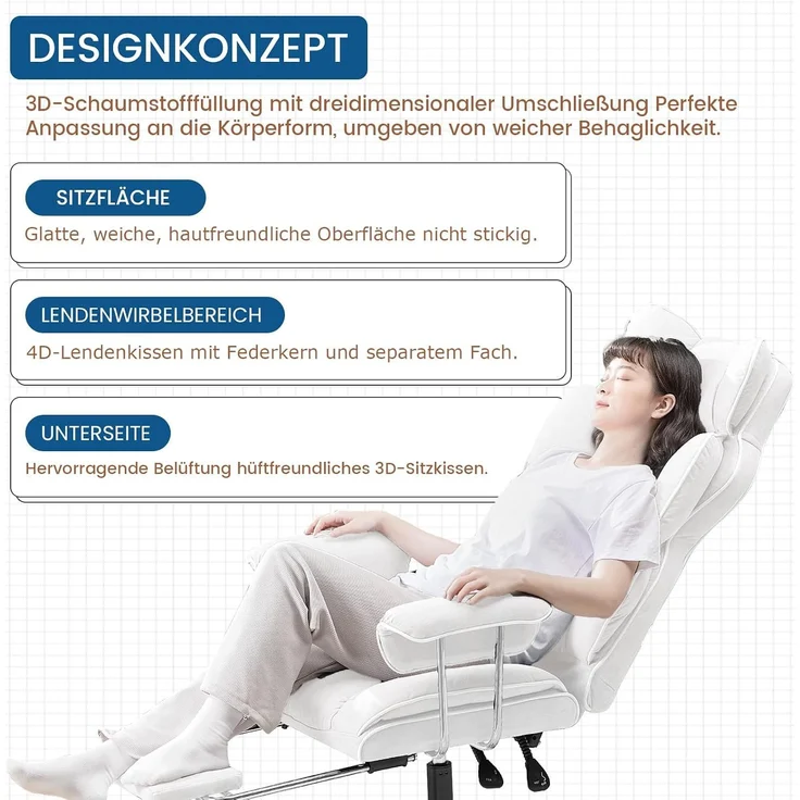 GTPLAYER Gaming Stuhl, Gamer Stuhl, Ergonomischer Bürostuhl mit Fußstütze, Kunstleder, Federsitzkissen, Gaming Chair Gepolstert, Gaming Sessel 180kg Belastbarkeit weiß – Bild 6