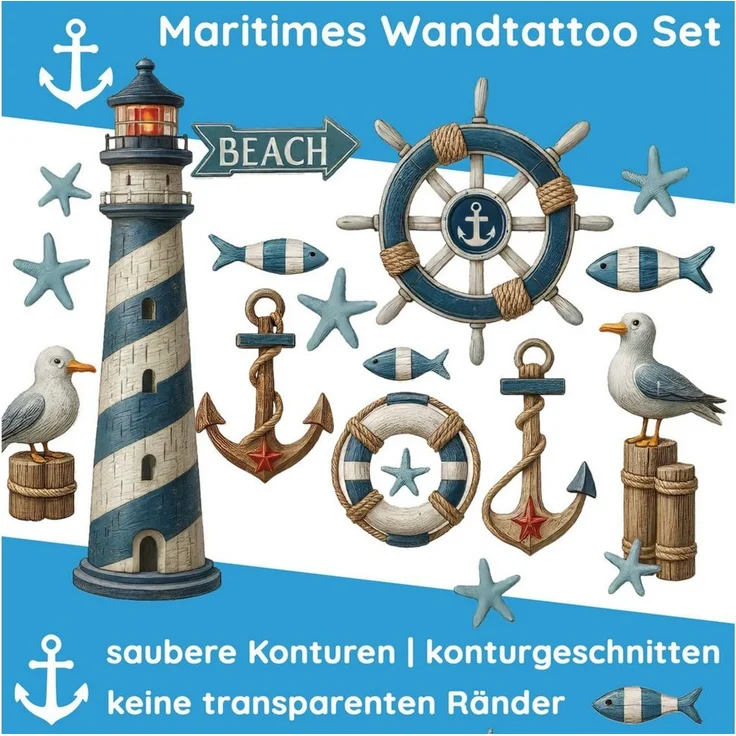 Sunnywall Wandtattoo Aufkleber Maritim Set – Leuchtturm, Möwen, Anker & Seesterne, selbstklebend, konturgeschnitten, rückstandslos entfernbar – Bild 2