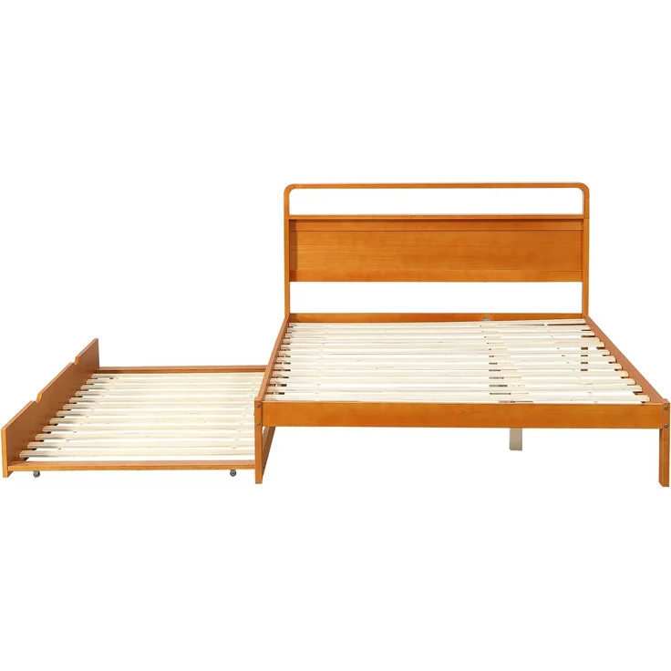 Merax Holzbett, Doppelbett, Kinderbett, 140x200 cm, mit Ausziehbett 90x190 cm, Funktionsbett mit links/rechts montierbarem Gästebett, Natur – Bild 9