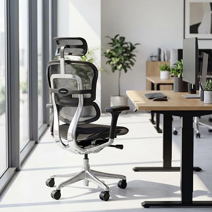 hjh OFFICE Bürostuhl ergonomisch ERGOHUMAN GEN 2 Originales Design, Bürosessel mit Flexibler Lordosenstütze, Stoff Sitzfläche gepolstert, Netzrücken Schwarz – Bild 7