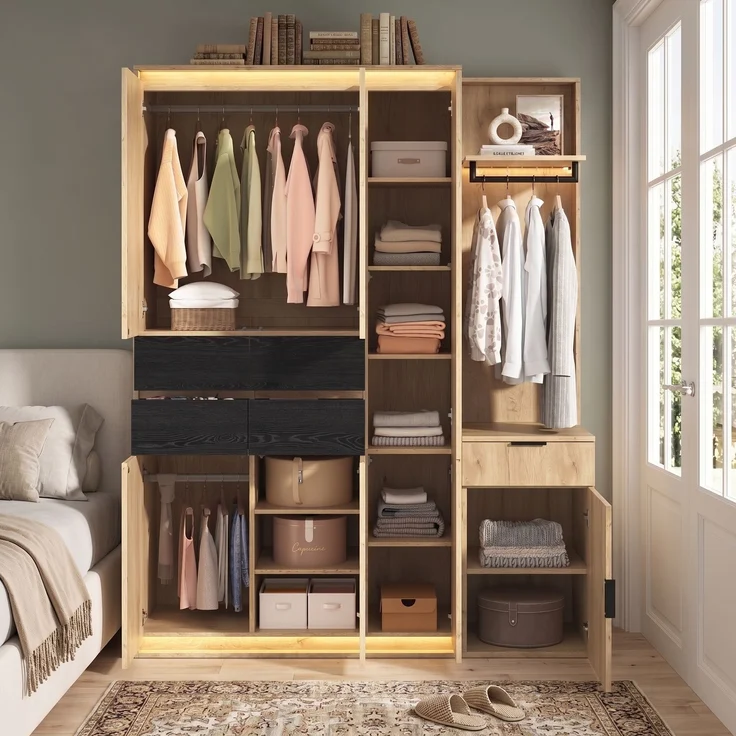 Garderoben-Set 155 x 47 x 200 cm aus MDF in Anthrazit und Eichenoptik mit LED und Spiegel – Bild 1