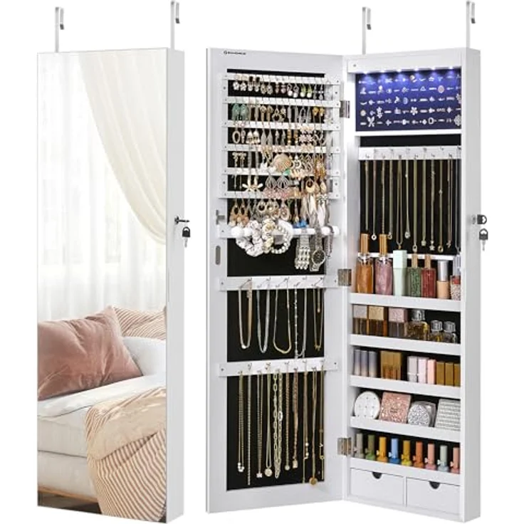 SONGMICS Schmuckschrank hängend, Spiegelschrank mit LED-Innenbeleuchtung, an der Tür hängend, MDF weiß, 37 x 9,3 x 108 cm – Bild 2