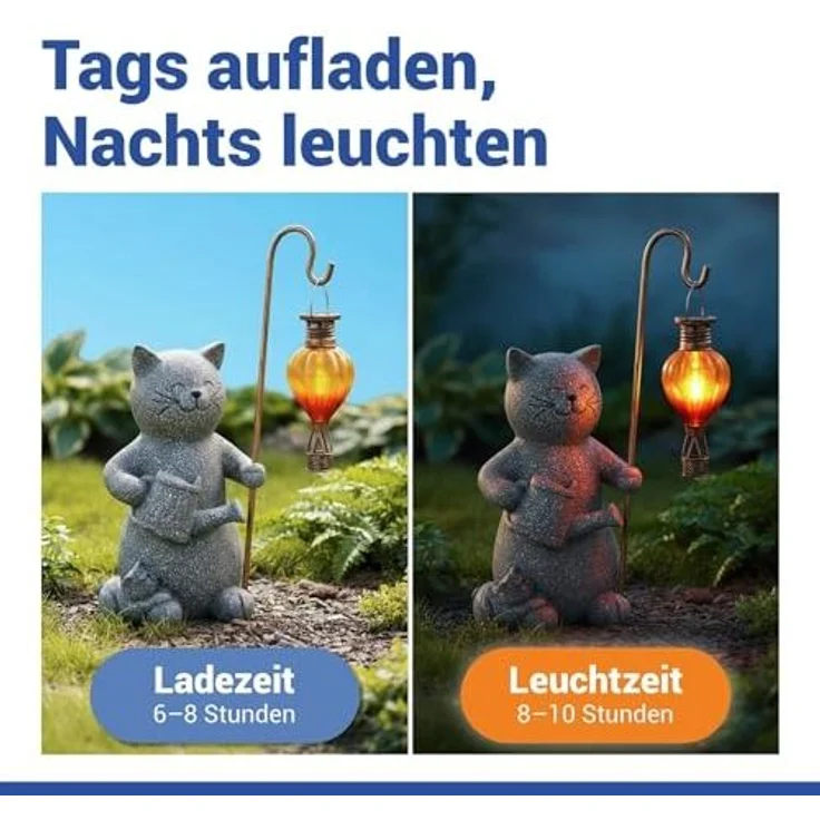 Maximex Solar Gartenfigur Katze mit LED-Heißluftballon, Solar Tierfigur mit warmem, flackerndem Licht, wetterfest, für Garten, Balkon und Terrasse, 16 x 26,5 x 15 cm, Polyresin – Bild 3