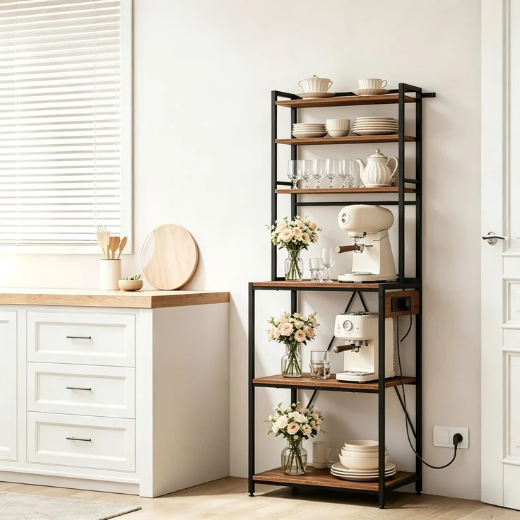 Coffee Bar Station,Küchenregal mit Steckdosen,Küchenkomode,Mini Küche Arbeitsstation,Display-Regal--Rustikales Braun--40x60x167cm--YOUDENOVA – Bild 2
