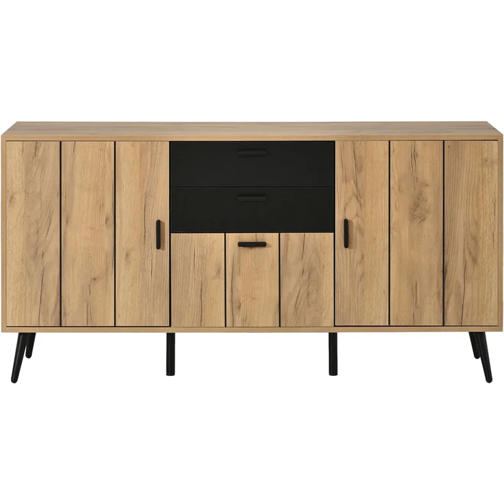 Merax Kommode, Sideboard, Mit Großer Arbeitsplatte, 2 Schubladen, 3 Türen, Beistellschrank Fur Wohnzimmer Esszimmer Küche, Schwarz+Holzfarbe – Bild 10