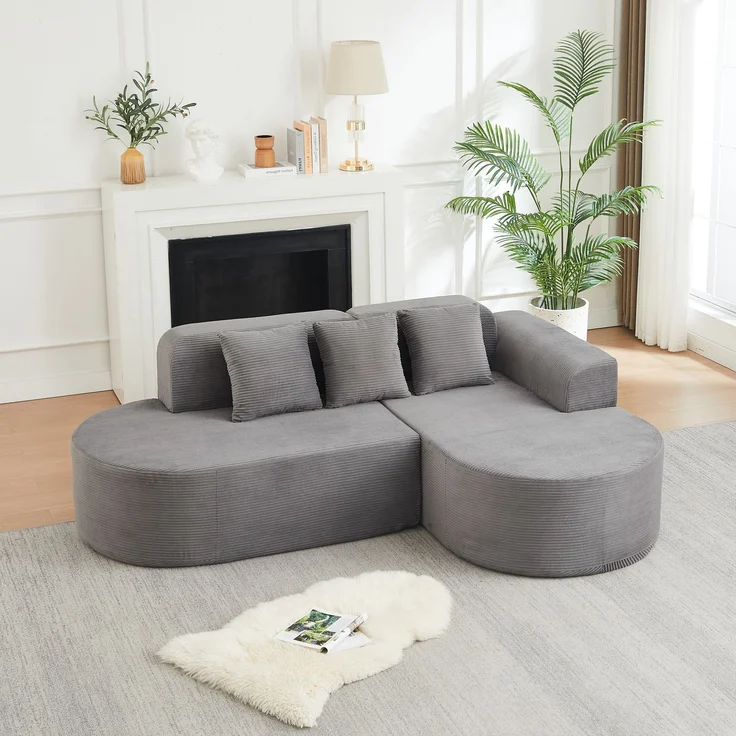 Ecksofa mit großzügiger Sitzfläche, grauer Cordbezug und geschwungenem Chaiselongue-Design,70x220x155 cm – Bild 1