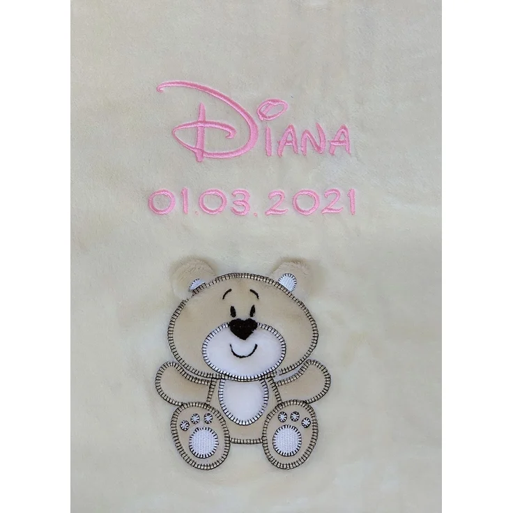 KIDDI-MEDIA Babydecke mit Name und Geburtsdatum Bestickt/kuschelig weich / 1A Qualität (Beige - Bär)