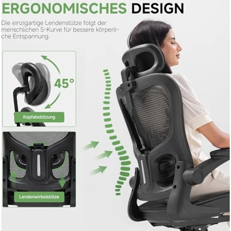 GTPLAYER Bürostuhl Ergonomisch, Schreibtischstuhl mit Verstellbarer Kopfstütze, Armlehnen, Lendenwirbelstütze, Büro Stuhl & Gaming Stuhl Wippfunktion, Chefsessel aus Mesh, 150kg(Schwarz) – Bild 8