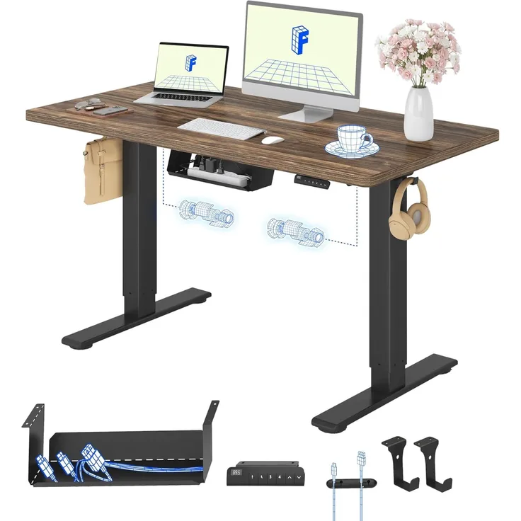 FLEXISPOT Höhenverstellbarer Schreibtisch mit 2 Motoren & 25MM einteiliger Tischplatte,ergonomischer Bürotisch - 120x80 cm Walnussbraun, schwarzes Gestell